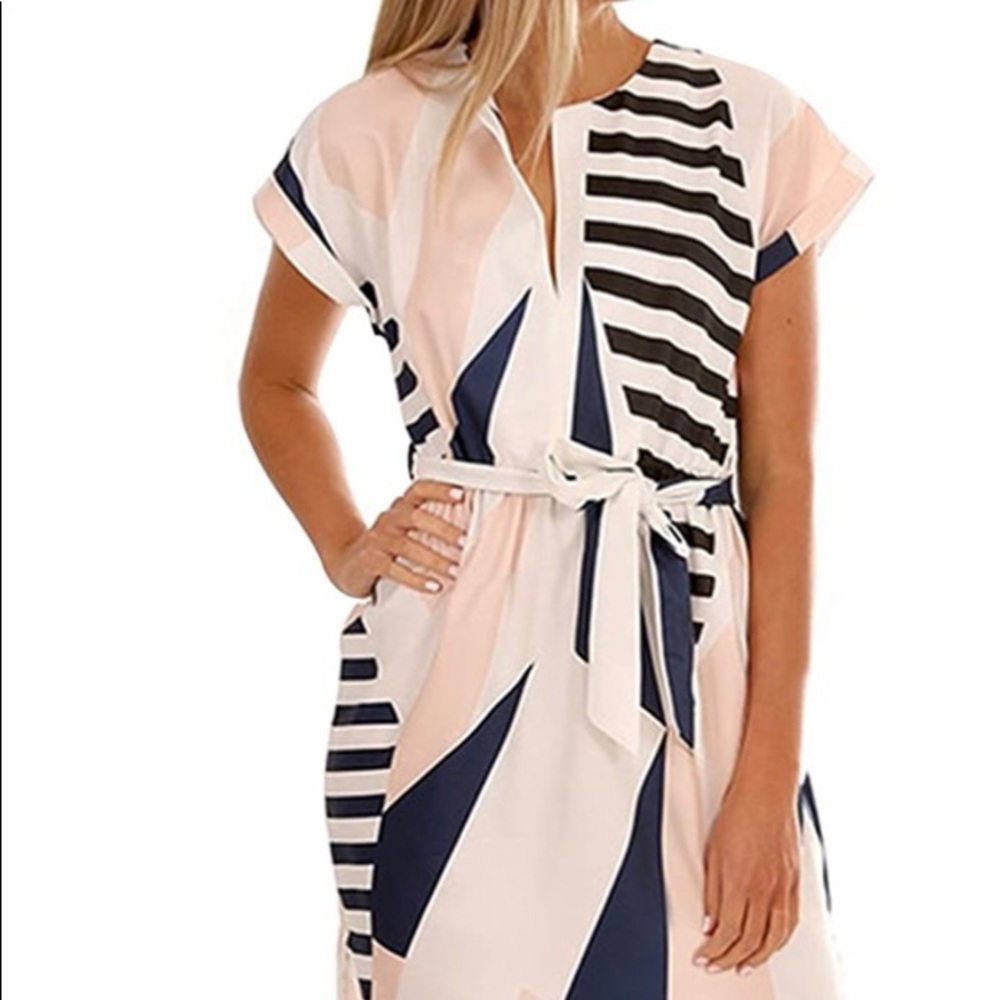 Midi length dress - geometric pink/black/white/navy
